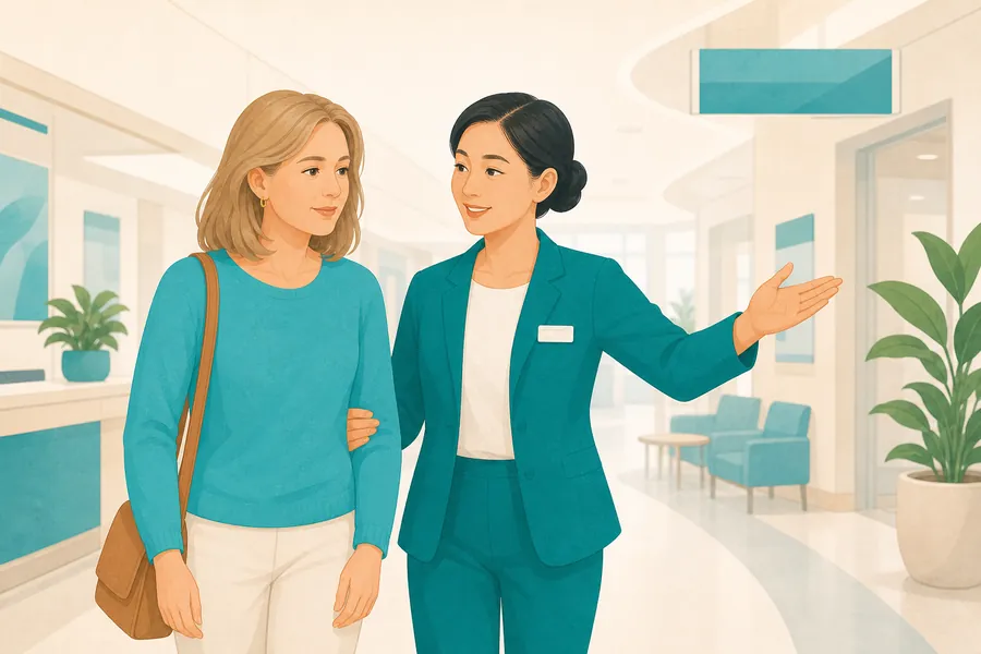 A bilingual companion guiding a patient through a Chinese hospital