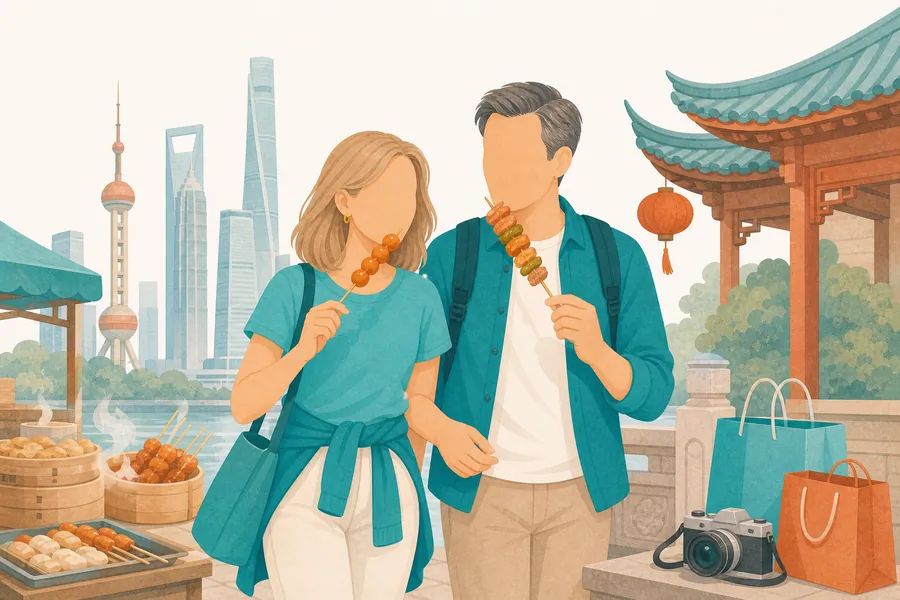 Western travelers enjoying street food and sights in a Chinese city