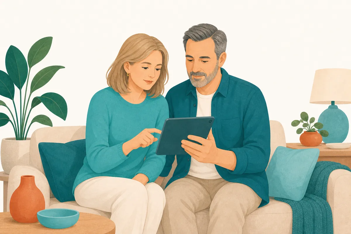 A couple at home reviewing treatment options and costs on a tablet