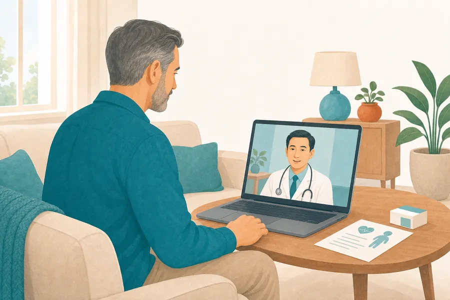 A patient at home on a video call with a doctor in China